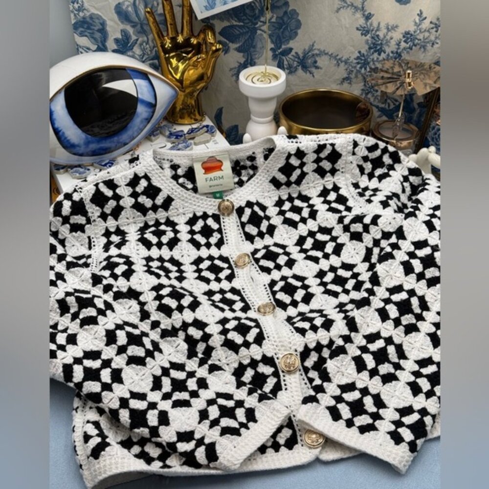 🆕 FARM Rio 🧿 NWT Patch Crochet Black & White Monochrome Button Up Jacket, Sz M - Picture 11 of 15